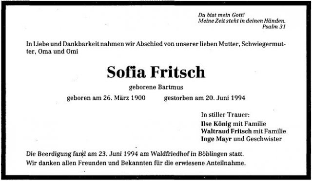 Bartmus Sofia 1900-1994 Todesanzeige